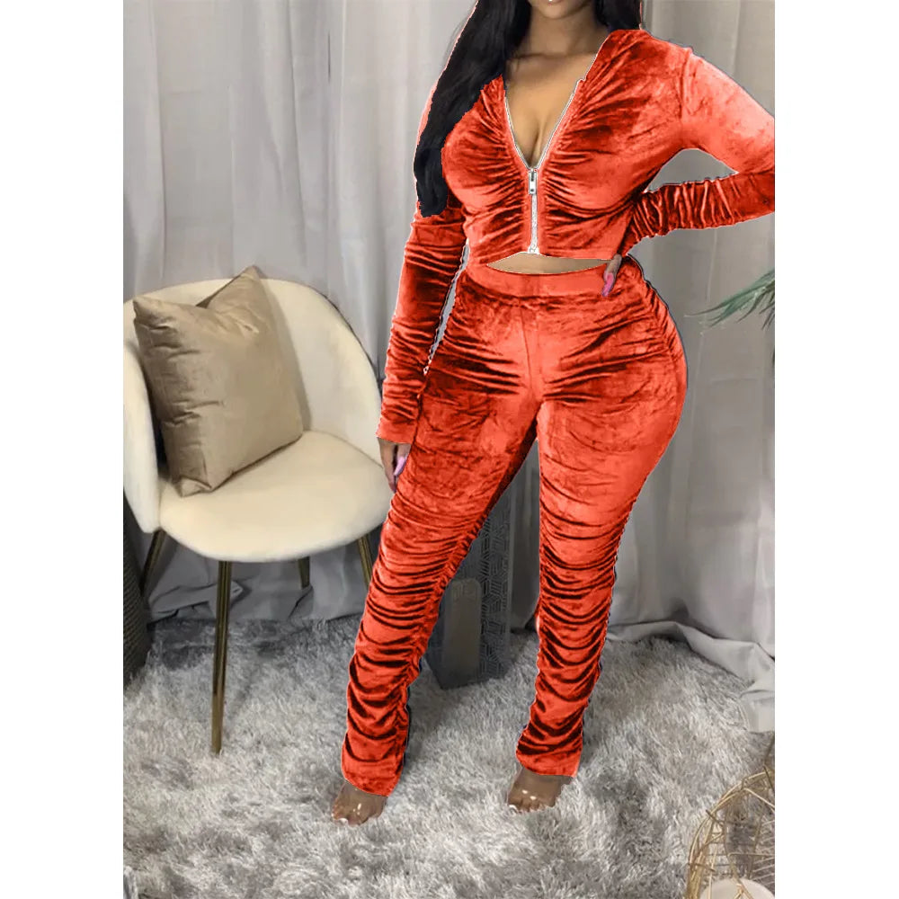 Maxy Autumn Winter Velvet Tracksuit Two Piece Set for Women Matching Sets Ruched Hoodies Jacket Stacked Pants Joggers Sweat Suits