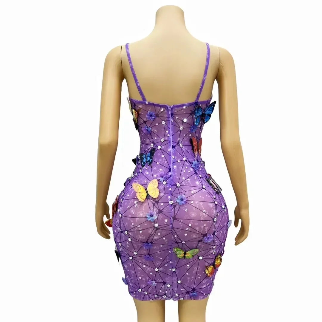 Glitter Babs Summer Dress New Arrival Butterfly Purple Designer Prom Gowns Celebrity Birthday Evening Party Stage Wear