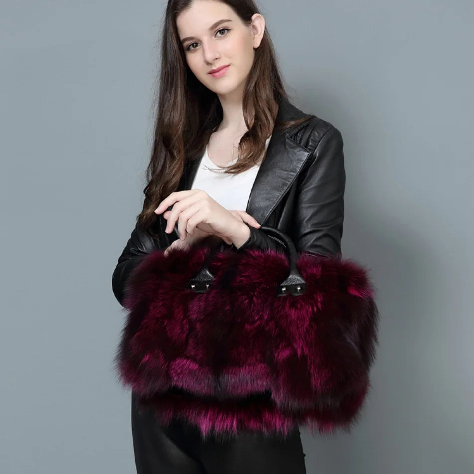 Maxy Real Fox Fur Large Size Bag Plush Ladies Crossbody Bags Designer Luxury Handbags Fluffy Tote Bag Women's Furry High End Big Bag