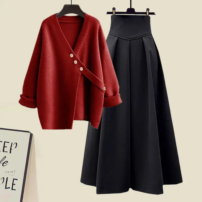 Amay Autumn and Winter Fashion Women's Set New Korean Knitted Sweater Sweater Age Reducing Slim Half Skirt Two Piece Set