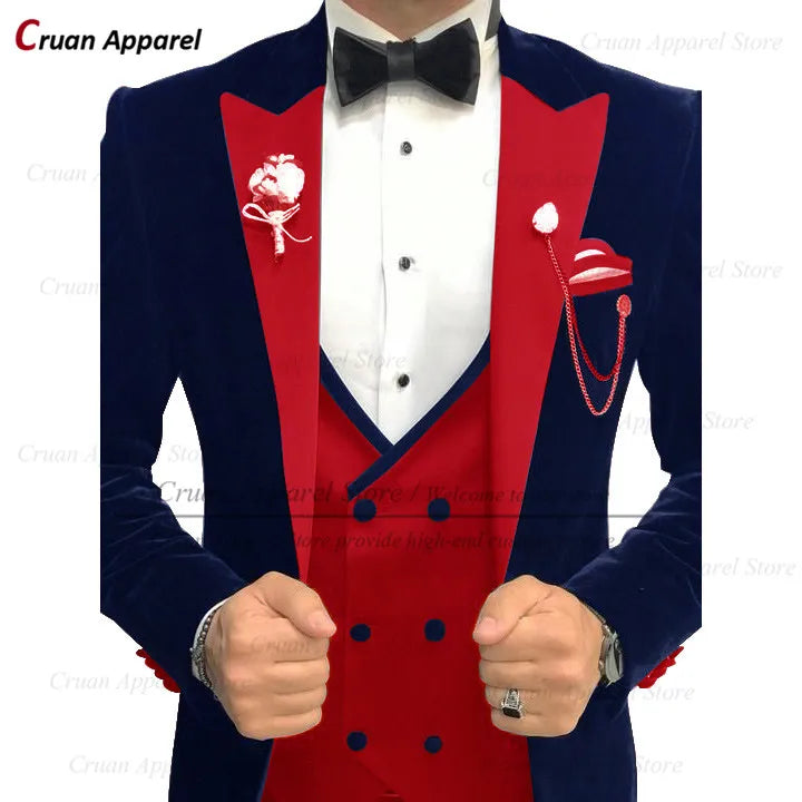 Maxy Luxury Velvet Men Suits Set Slim Fit Trendy Prom Wedding Groom Jacket with Double Breasted Vest Pants 3 Piece