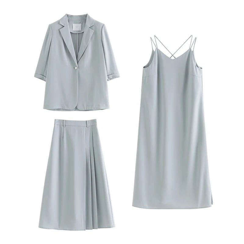 Amay ZIQIAO Blazer Skirt Long Dress Women Summer Suit New Suspender Dress Three-pieces Set Casual Office Lady Commuting Suit