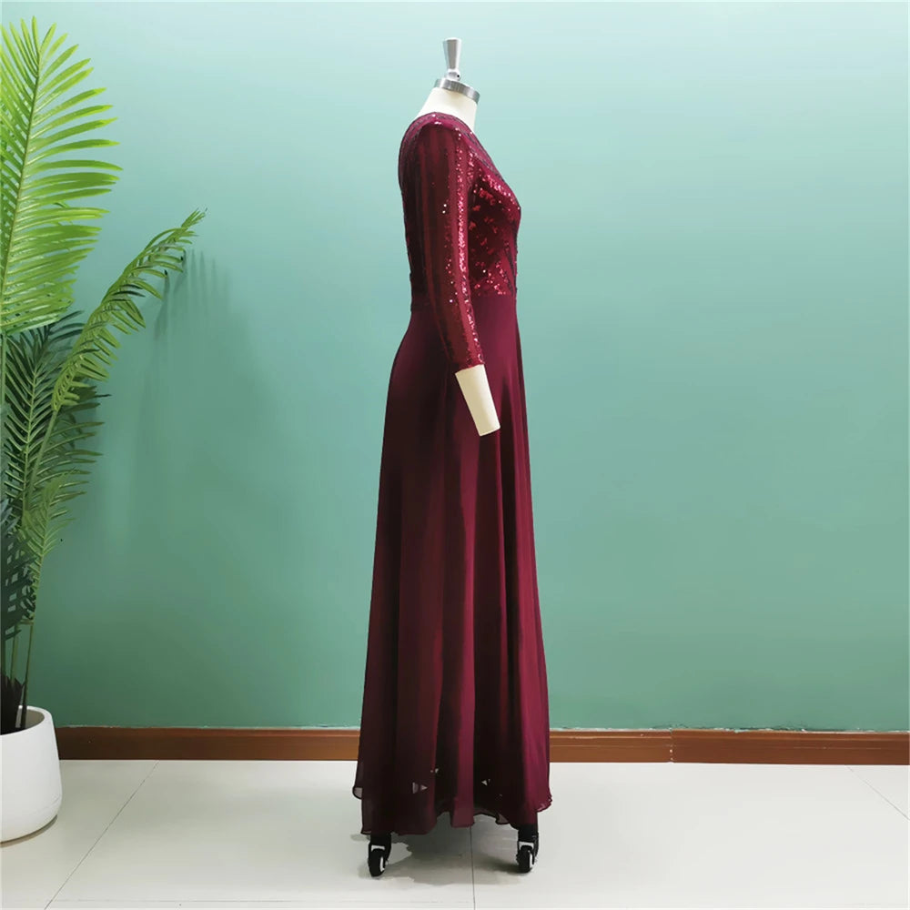 Graceful Long Burgundy Evening Dress 3/4 Sleeves A Line Sequined Top A Line Women Formal Occasion Gowns For Prom Party Wholesale