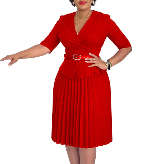 Amay Dresses for Women Fashion Half Sleeve V-neck Polyester Pleat Midi Dress Dashiki African Clothes Women Outfits