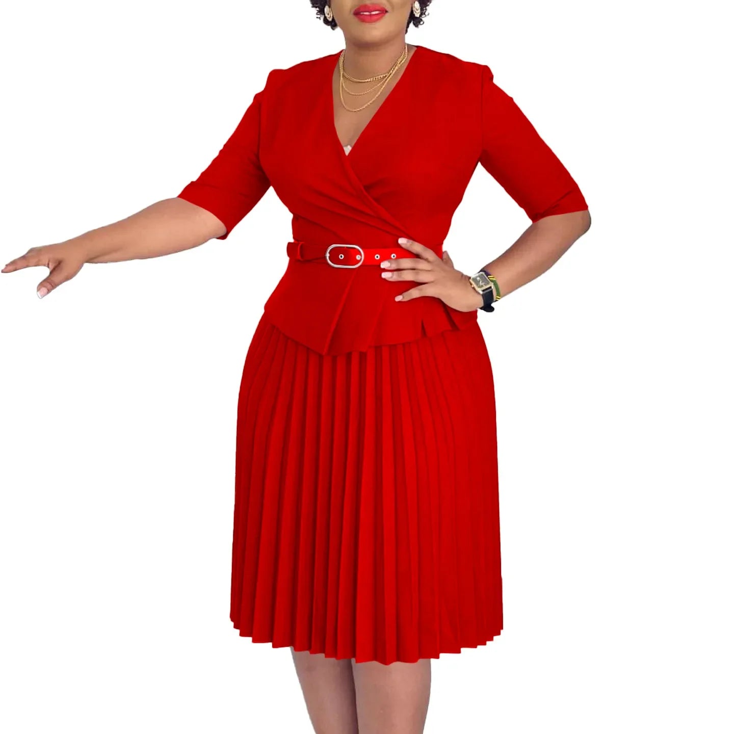 Amay Dresses for Women Fashion Half Sleeve V-neck Polyester Pleat Midi Dress Dashiki African Clothes Women Outfits