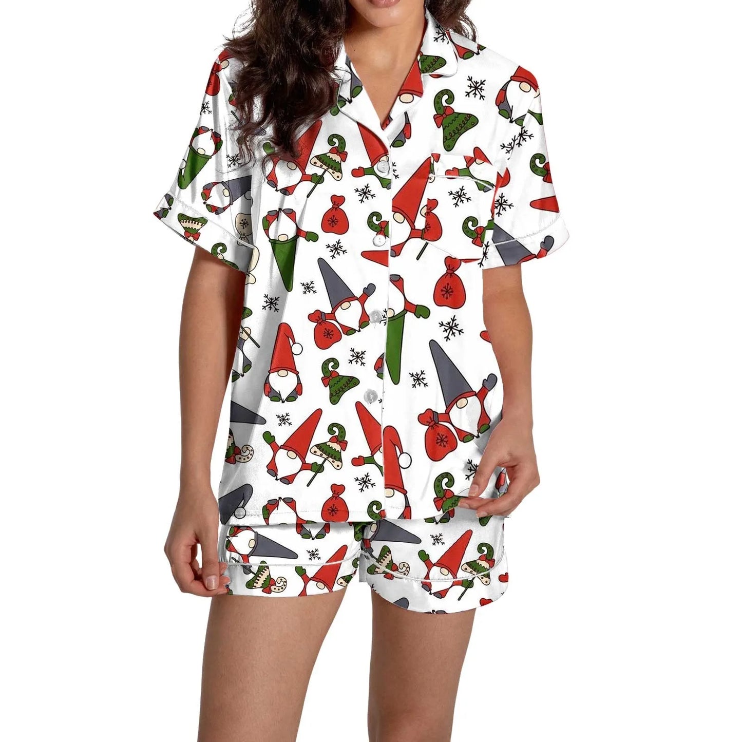 Christmas Graphic Print Women's Button-Down Shirts Pajamas Shorts Set Causal Women‘s Silk Satin 2 Piece Homewear Shorts Set Soft