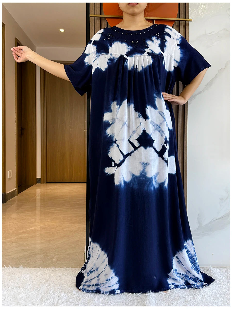 Maxy 2 Pieces Africa Dashiki Floral Printing Loose Cotton Caftan Lady Summer Maxy Casual Dresses With Big Scarf Short Sleeve