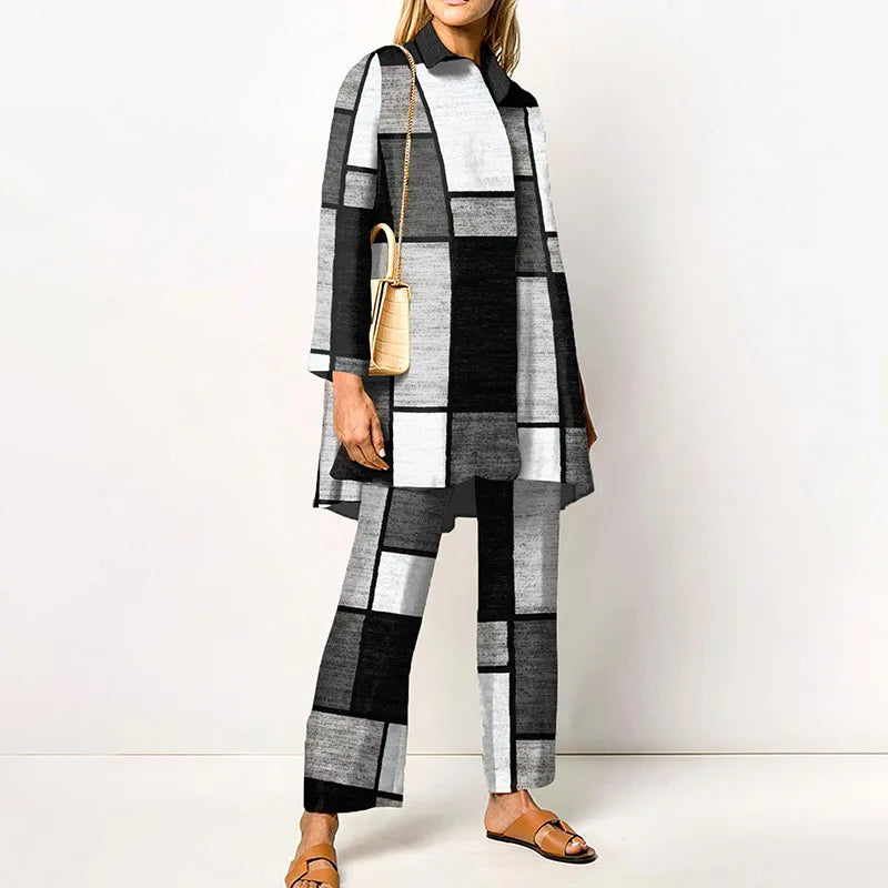 Maxy Autumn New Loose Vintage Printed Pant Sets Women Long Sleeve Shirts And Wide Legs Trousers Two Piece Set Fashion Streetwear