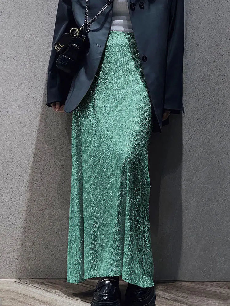 Maxy Autumn Sequin Dress Suit Sexy Club Party Women Crop Top+Long Skirt Elegant Two Piece Matching Set