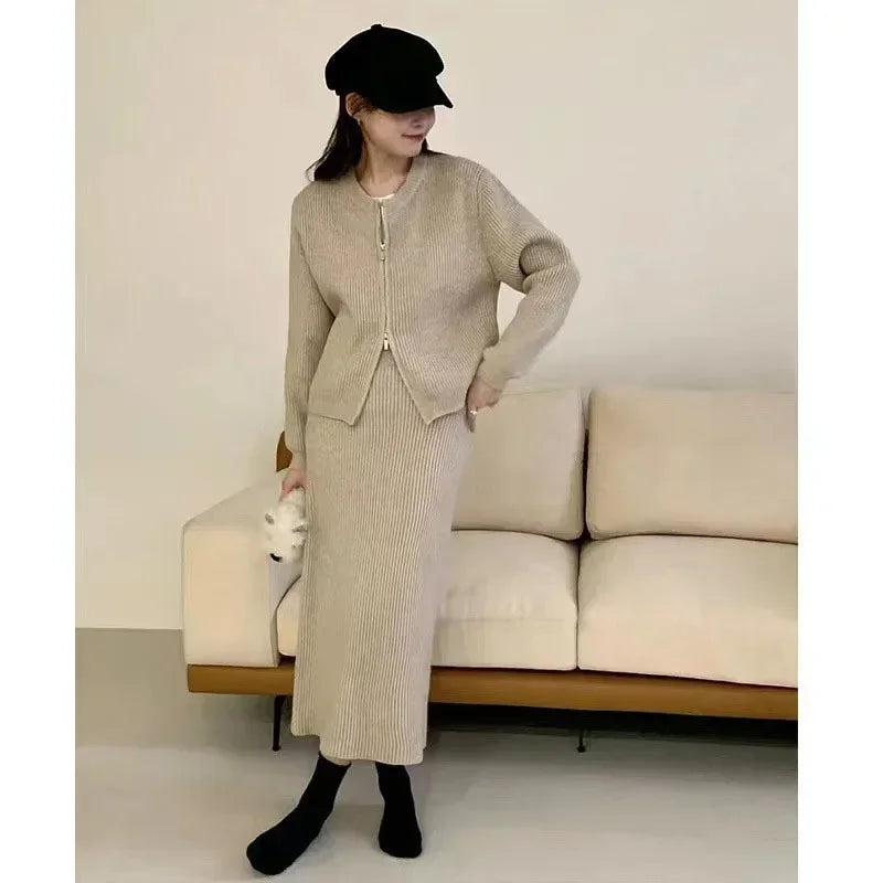 Amay Fashionable Women's Double Zipper Woolen Dress Two-piece Set Casual Loose Autumn and Winter New Half Skirt Knitted Cardigan