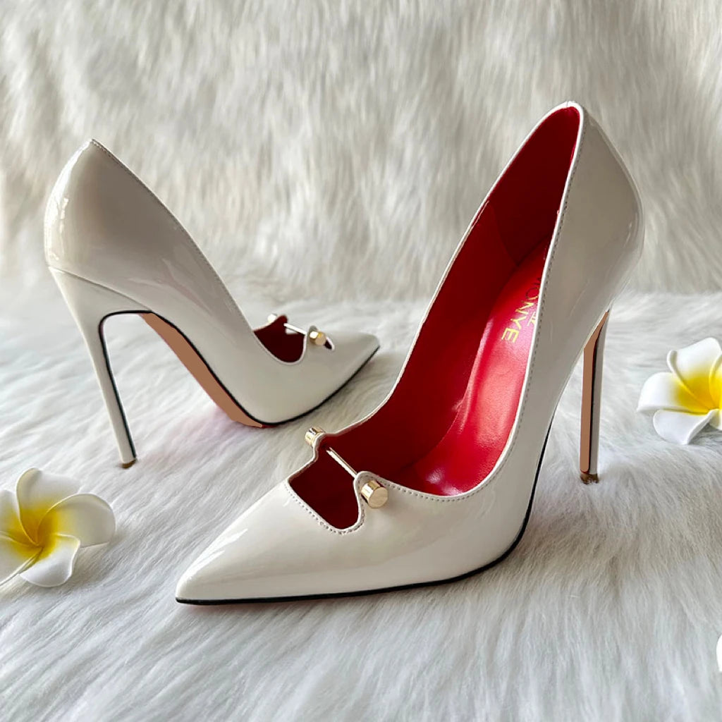Amay Free Shipping Black White Red Patent Leather Shallow Metal Hollow Out Open Toed Women Lady Hot Sale 120mm High Heel Shoes Pump