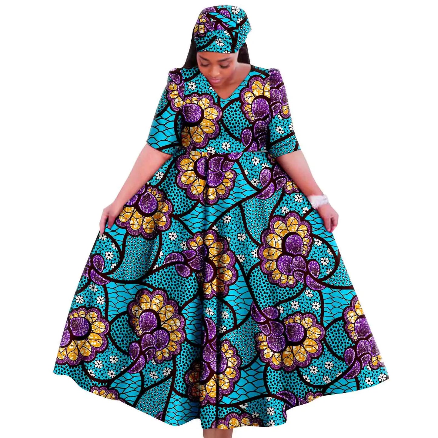 Maxy Church Dresses for Woman Traditional Party Gown V Neck Maxy Dress with Free Turban Wedding Africa Turkey Style 2425083