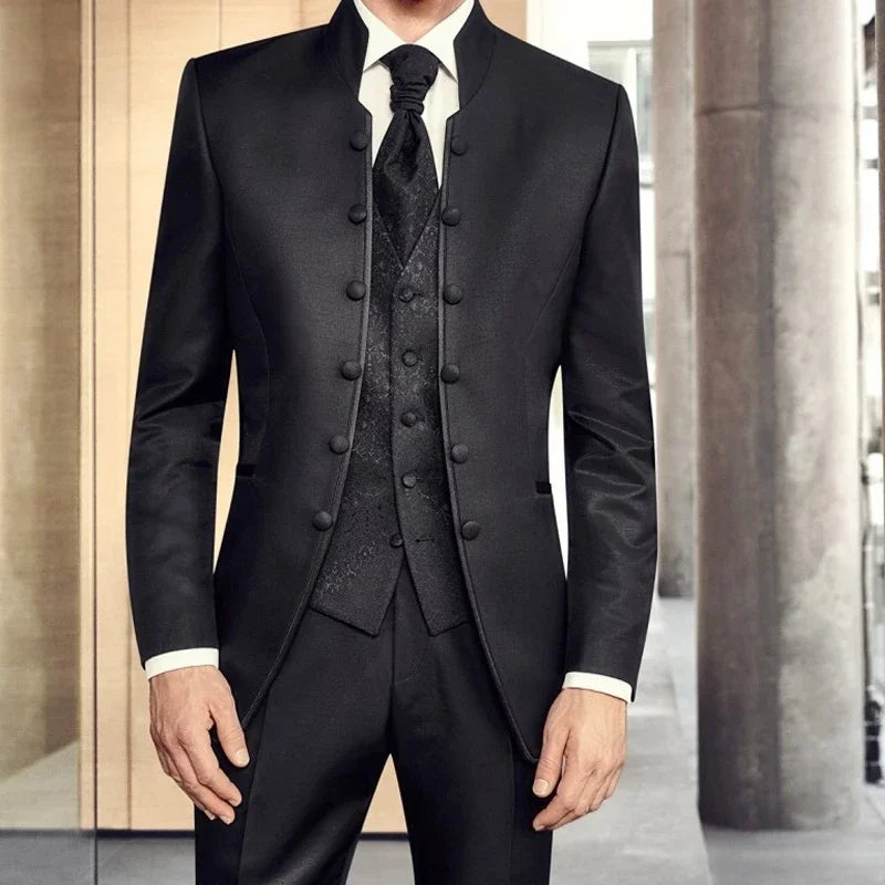 Visco Men Suits with Stand Collar Double Breasted Blazer Jacket Vest Pants 3 Pcs Wedding Groom Tuxedo Italian Style 2024