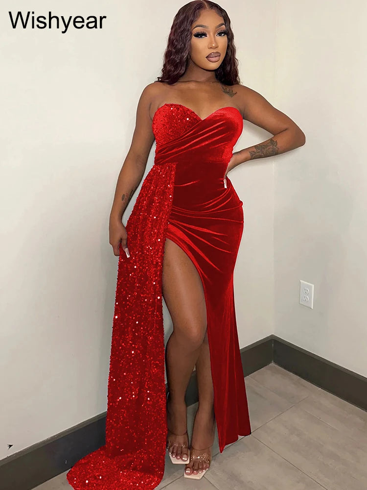 Maxy Elegant Sparkly Bodycon Long Dresses with Trail Christmas Birthday Dress for Women Sequin Velvet Maxy Evening dress