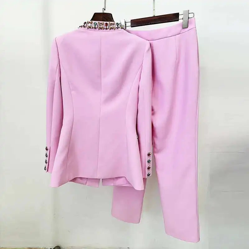 Maxy Luxury Spring Crystal Pants Suits Two Piece Sets Women's Blazers Long Trousers Pink Suit Coats Wide Leg Pants 2pcs Outfits