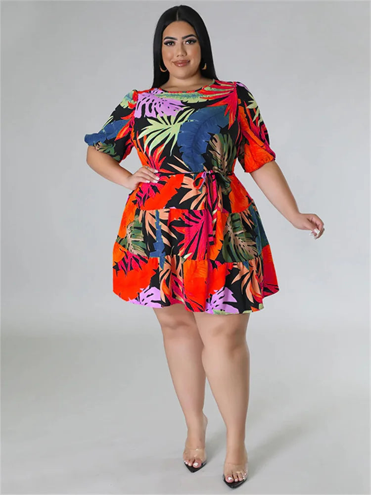 Wmstar Plus Size Dresses for Women Floral Printed Elegant Mini Dress New In Summer Clothes Wholesale Dropshipping with Bandage