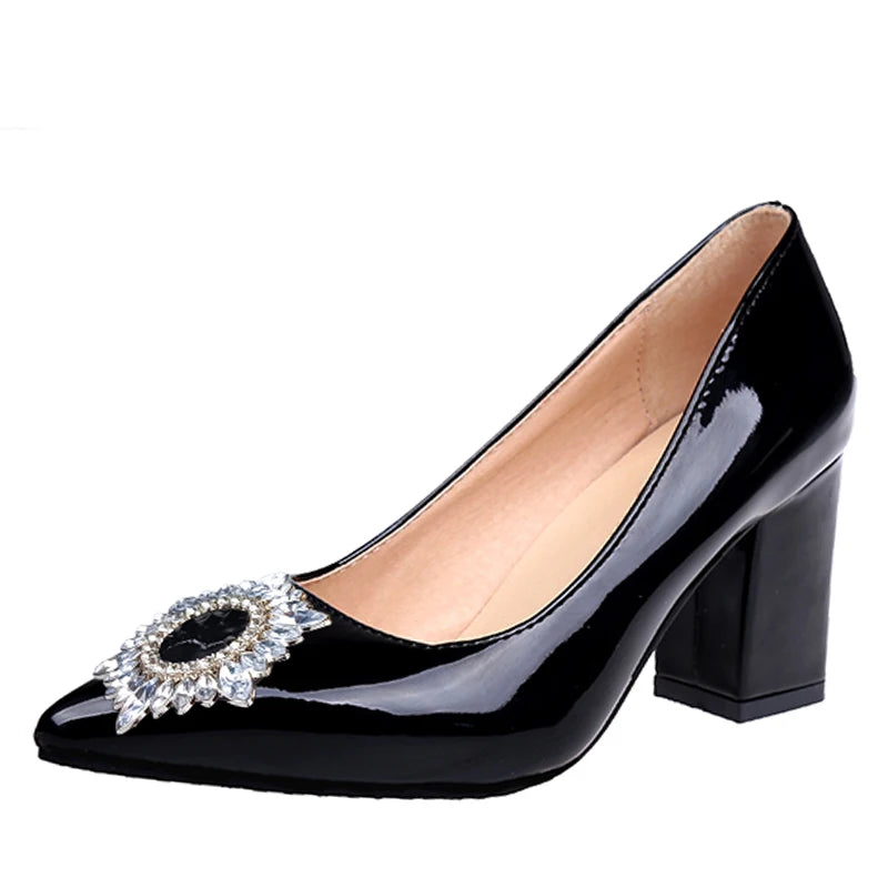 Amay Extravagant Crystals Buckle Pumps Women's Shoes 7cm Chunky High Heel Pointed Toe Patent Leather Shoes Female Plus Size 49 50