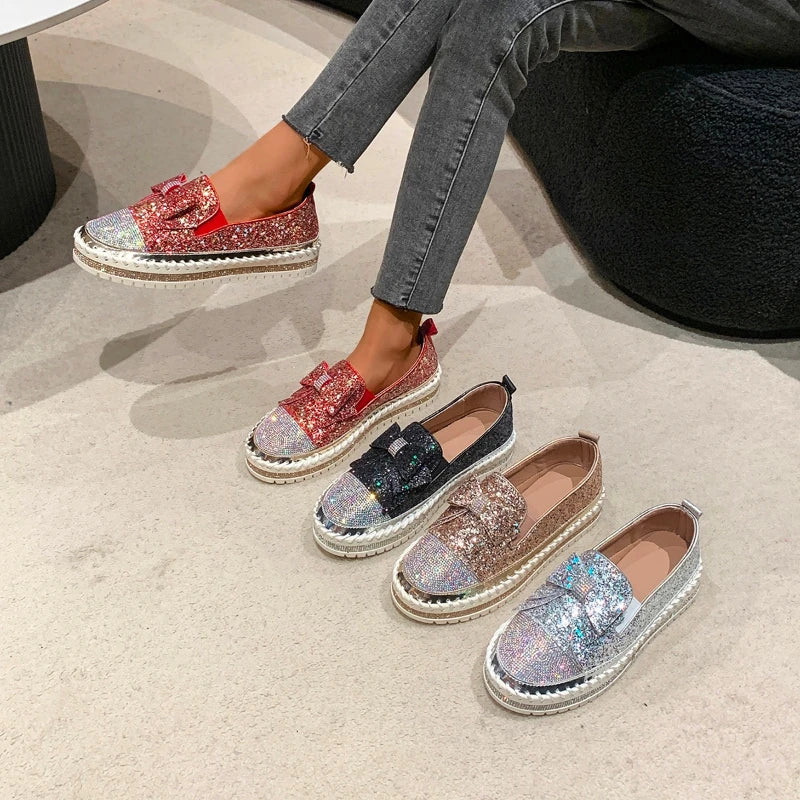 Maxy Fashion Women Shoes Shining Rhinestone Loafer Bowknot Slip-on Thick Botton Casual Ladies Crystal Female Platform Sneakers Sports