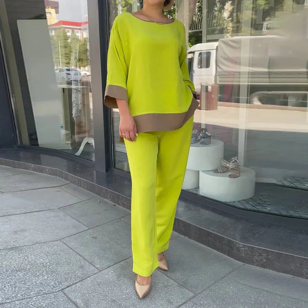Maxy 2 Pcs/Set Women Top Pants Suit Three Quarter Sleeves Round Neck T-shirt High Wide Leg Trousers Casual Loose Blouse Pants Set