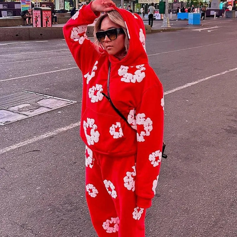 Maxy Flower Print Woman Hoodies Sets Oversized Hip Hop Pant Suit Hooded Sweatshirt Casual Sporty Sweatpant Trend Female 2pcs Set