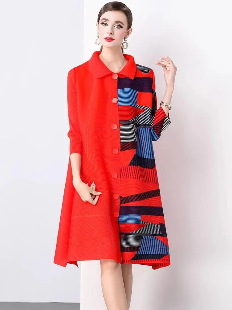 Maxy Women's Single Breasted High Stretch Oversized Pleated Shirt Dress Spring Fashion Color block Miyake Draped Loose Party Clothing