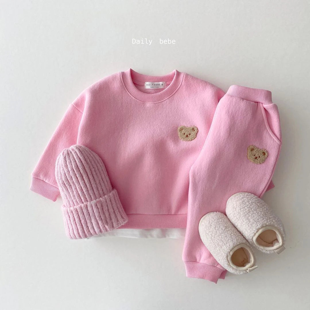 Maxy Baby Boys Winter Clothes Sets Warm Bear Velvet Pullover Sweatshirt Tops+Harem Pants Suits 2pcs Girls Fleece Lined Clothes