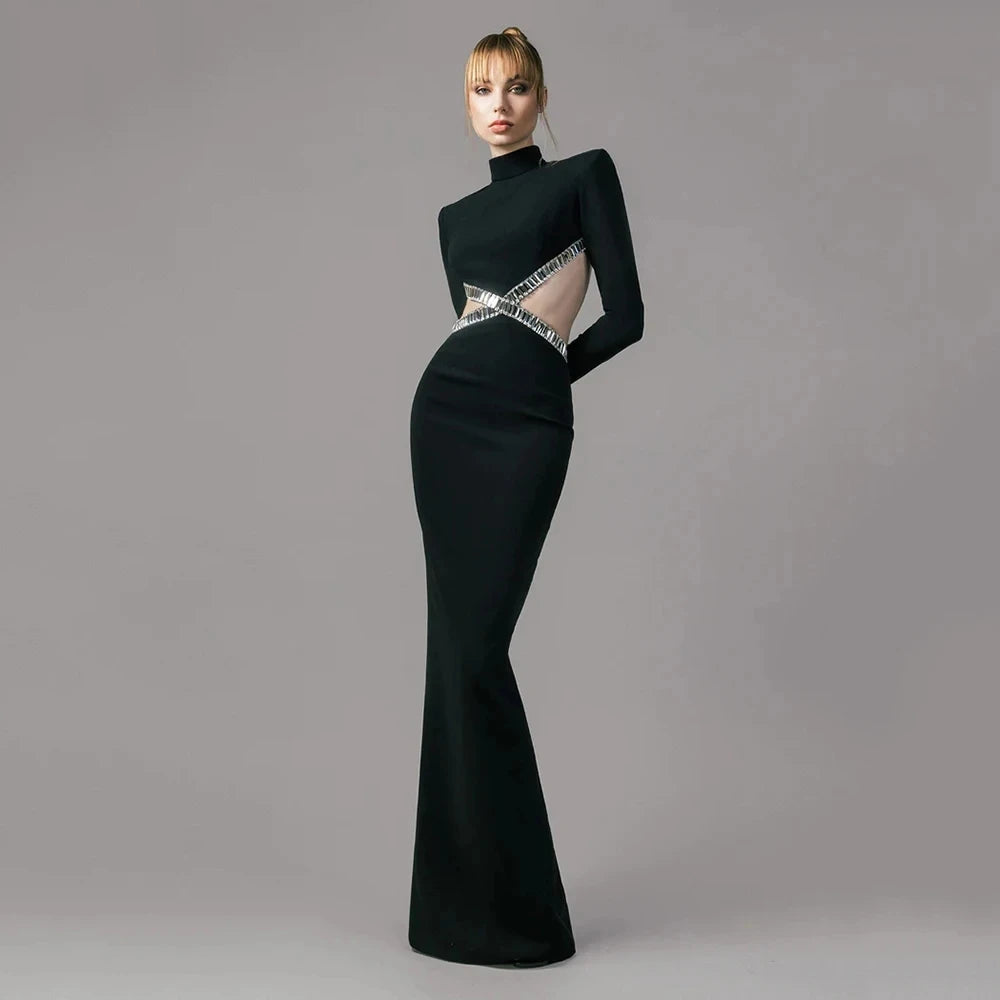 Maxy Women Long Diamonds Gown Elegant Evening Bandage Dresses Long Sleeve Backless Celebrity Party Hollow Out Bodycon Maxy Dresses