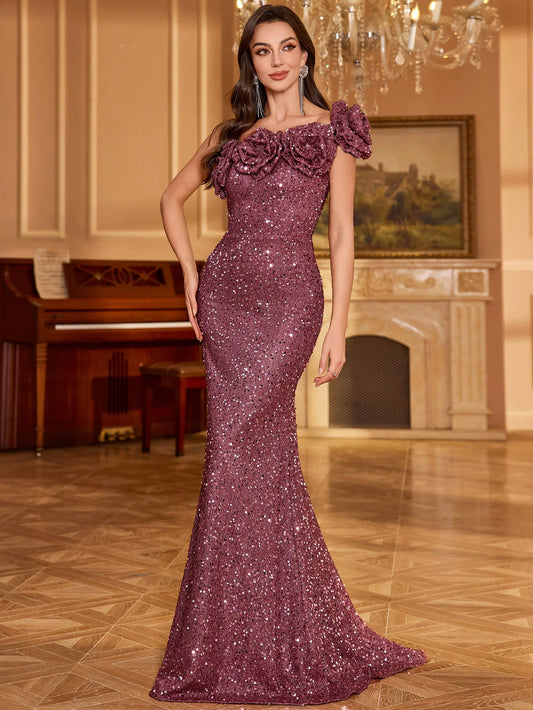 Maxy UNITHORSE Women's Design Sense Asymmetrical Neck Floral Edge Decorative Glitter Sequin Slim Fit Evening Party Dress