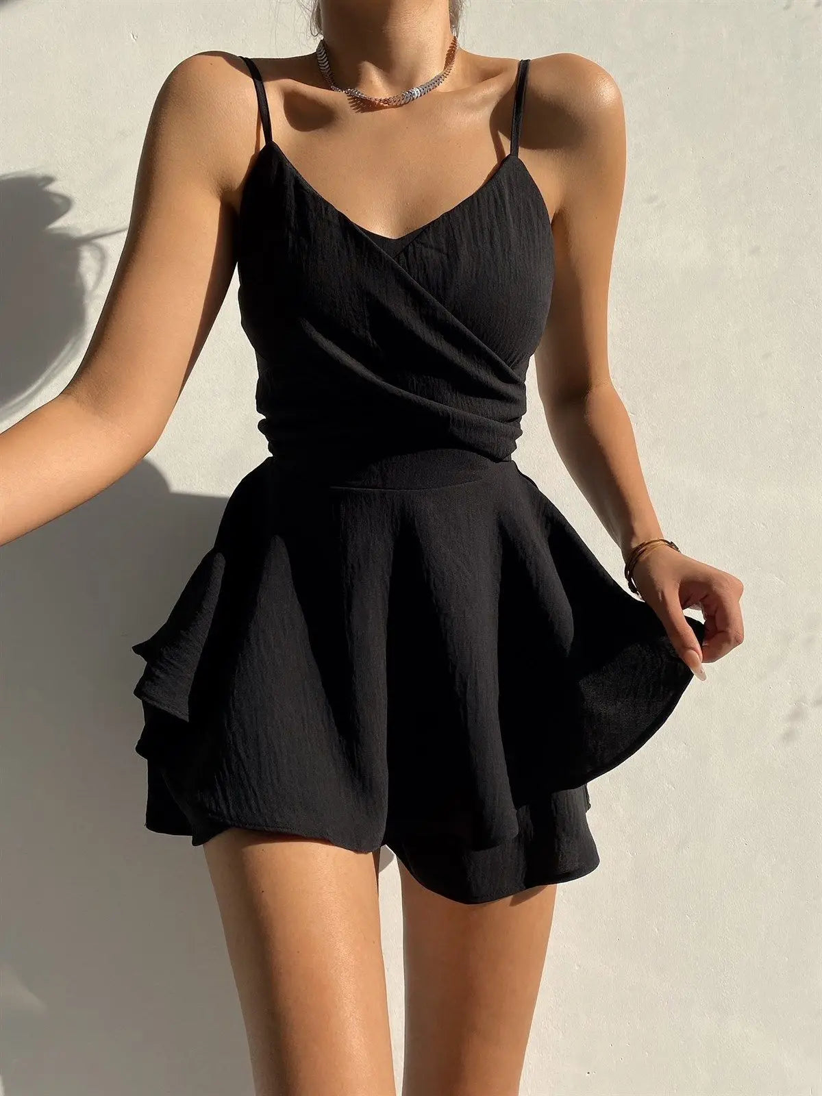 Amay Slim Suspender Strap Sexy Jumpsuits Y2k Solid Ruffles Rompers Summer Casual Threaded Slip Playsuits Female Elegant Clothes Dress