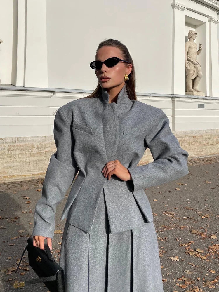 Maxy Women Fashion Solid Woolen Skirt Suits Elegant Stand Collar Full Sleeve Coat Loose Pleated Long Skirts Set Fall Chic Lady Outfit