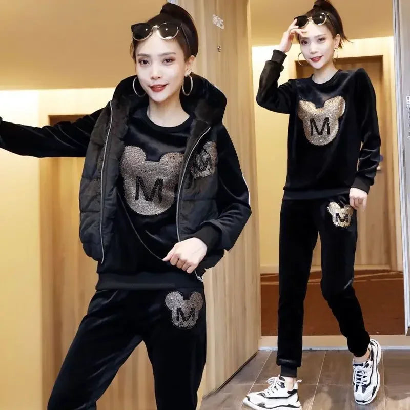 Maxy Gold Velvet Suit Women's Autumn and Winter New Fleece-Lined Thickened Double-Sided Fleece Korean Casual Sports Three-Piece Suit