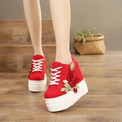 Maxy Embroidered Flowers Canvas Sneakers Autumn Women High Wedge Sneaker Fashion White/black/red Platform Woman's Sports Casual Shoes