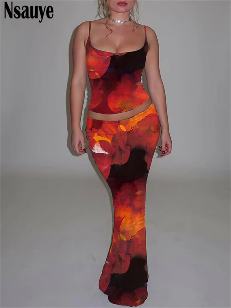 Maxy Women Party Sexy Skirt Dress New in Matching Two Piece Set Outfits 2025 Summer Tie-Dye Print Crop Top Long Club Skirt Set