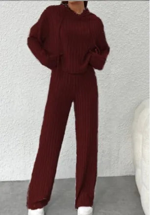 Maxy Spring Autumn Women's New Solid Color Casual Knitted Striped Hooded Sweatshirt Loose Long Sleeved Long Pants Two-piece Set