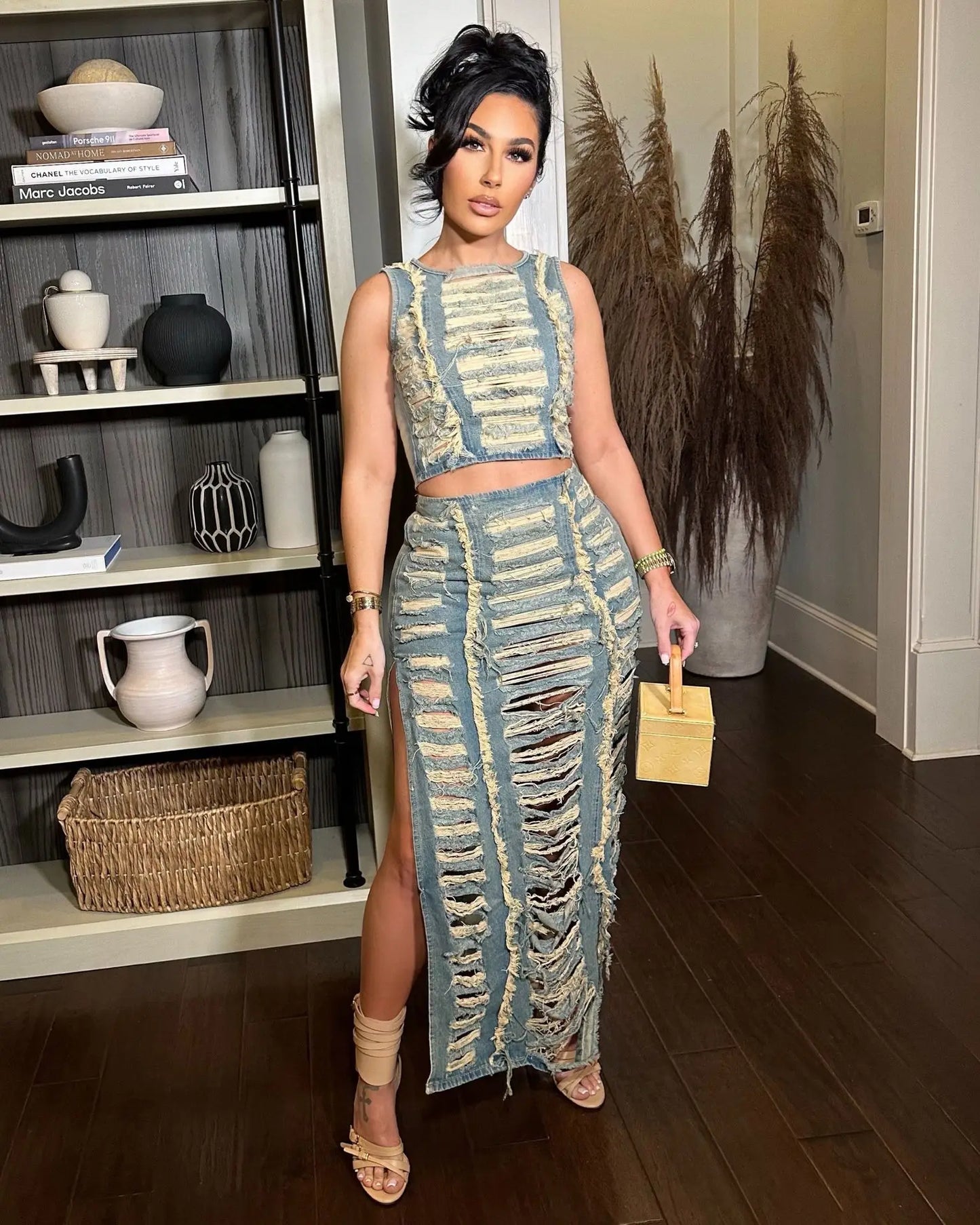 Maxy Women Sleeveless Crop Tank Tops and Split Side Maxi Skirt Streetwear Outfits Elegant Ripped Hole Denim Two 2 Piece Dress