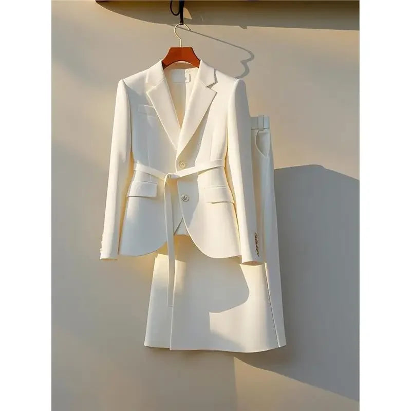 Maxy Korean Female Lead Early Autumn High-end White Suit Jacket Half Skirt Professional Two-piece Set Clothing