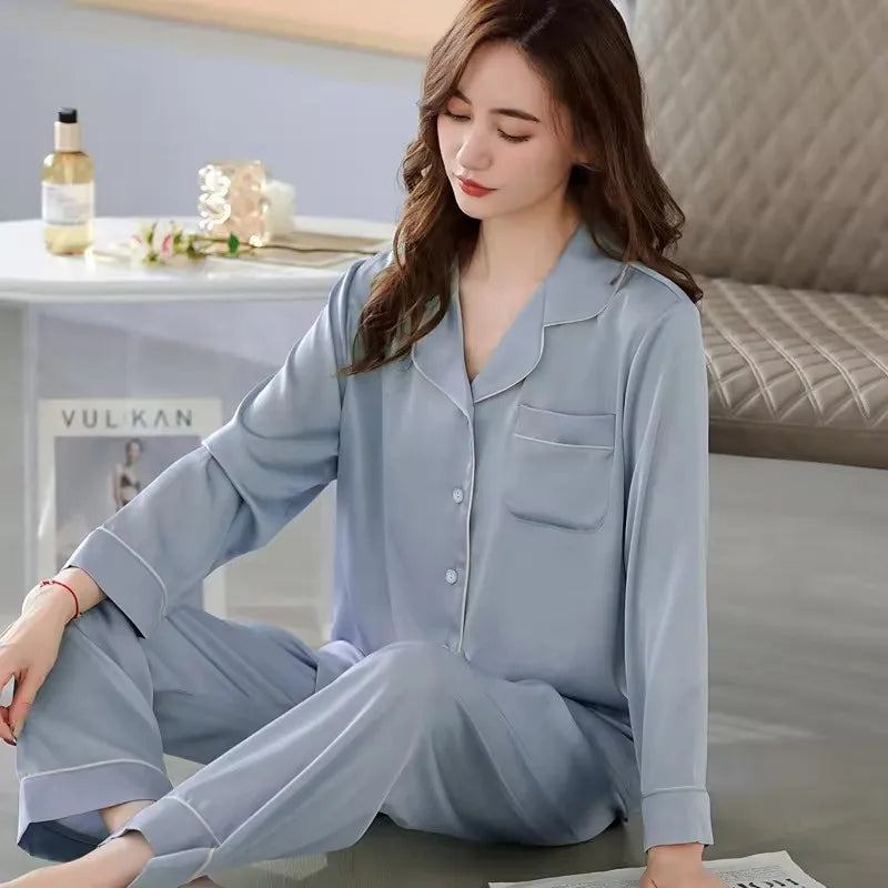 Maxy High Quality Light Luxury Ice Silk Pajamas Women's Pajama Spring and Autumn Style Long Sleeve Home Set Nightwear Sleepwear