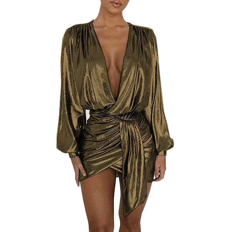 Maxy Plus Size Elegant Deep V-neck Long Sleeve Shiny Metallic Dress Women Evening Irregular Bodycon Mini Dress Vintage Ball Gowns