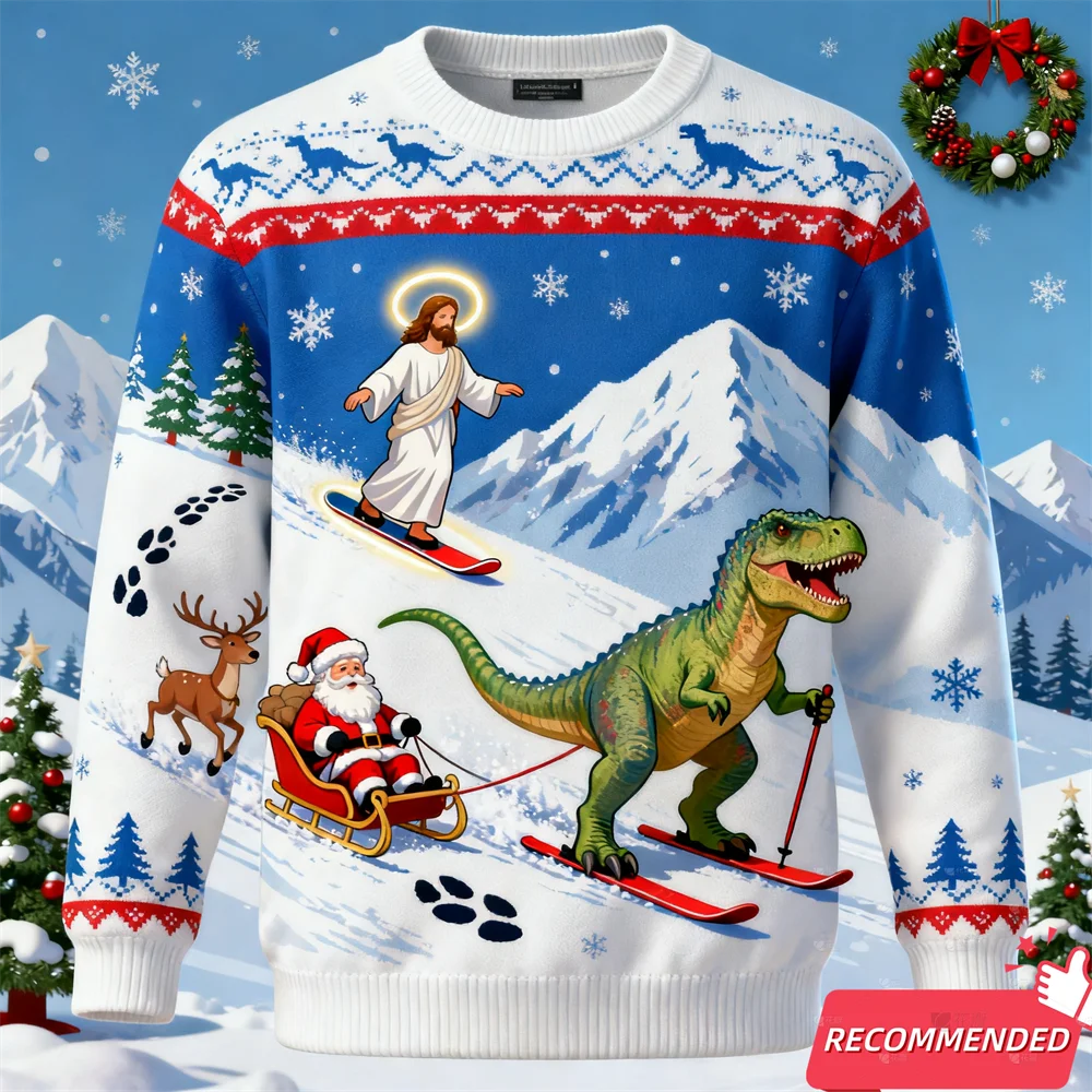 Maxy Christmas Sweatshirt For Men Dinosaur Funny Jesus Santa Ugly Sweater Fashion Unisex Streetwear Xmas Kids Y2k Tracksuit Tops