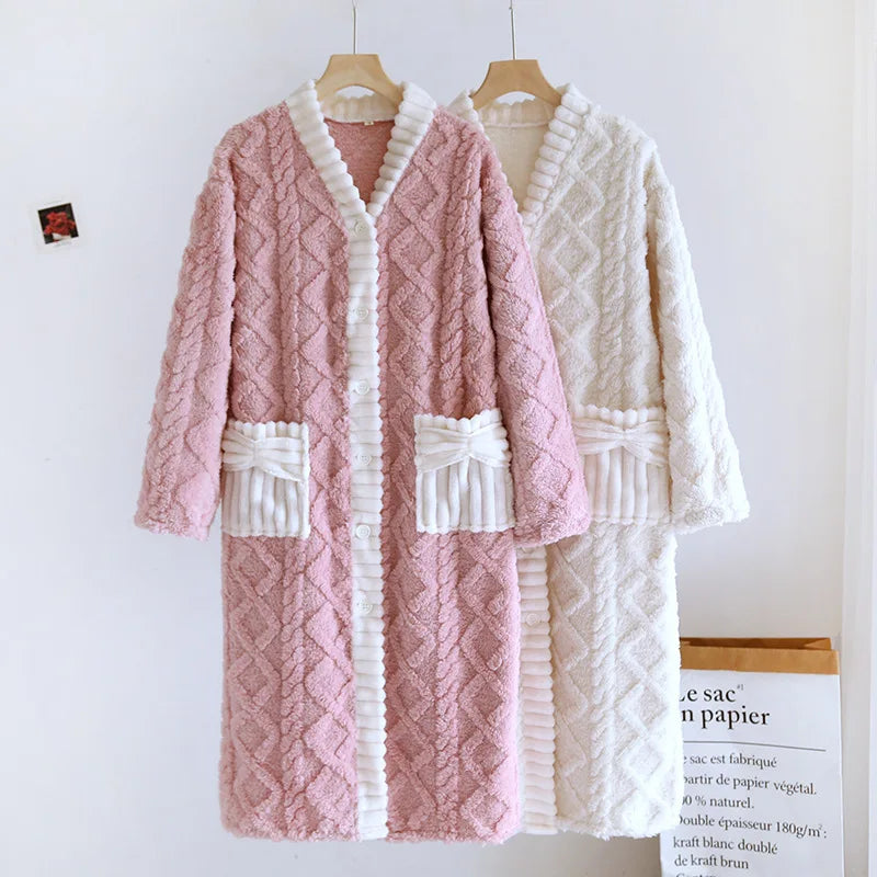 Maxy Flannel Thickening Women's Warm Robe Sleeping Sleepwear Winter Night Clothes Ladies Cardigan Night Gown Bathrobe Woman