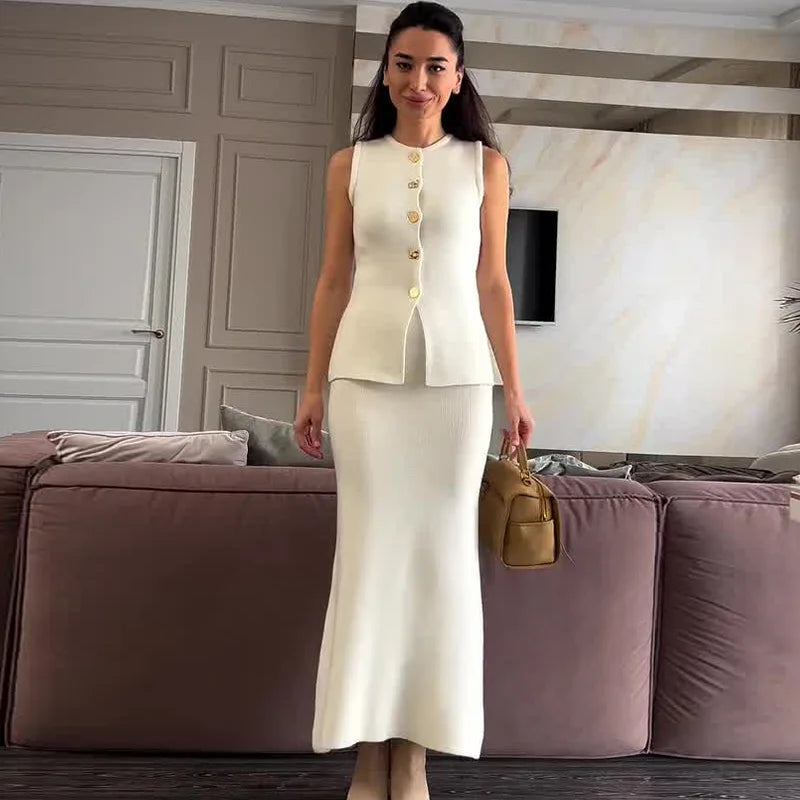 Maxy Skirt Set Women Two Piece Sets Round Neck Sleeveless Dress Sets Slim Fit Matching Sets Tops Mid Length Skirts Y2k Elegant