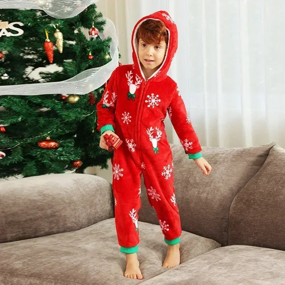 New Family Christmas Clothes Red Flannel Pajamas Warm Soft Jumpsuit Print Parent-child Matching Outfits Hooded Romper Xmas Look