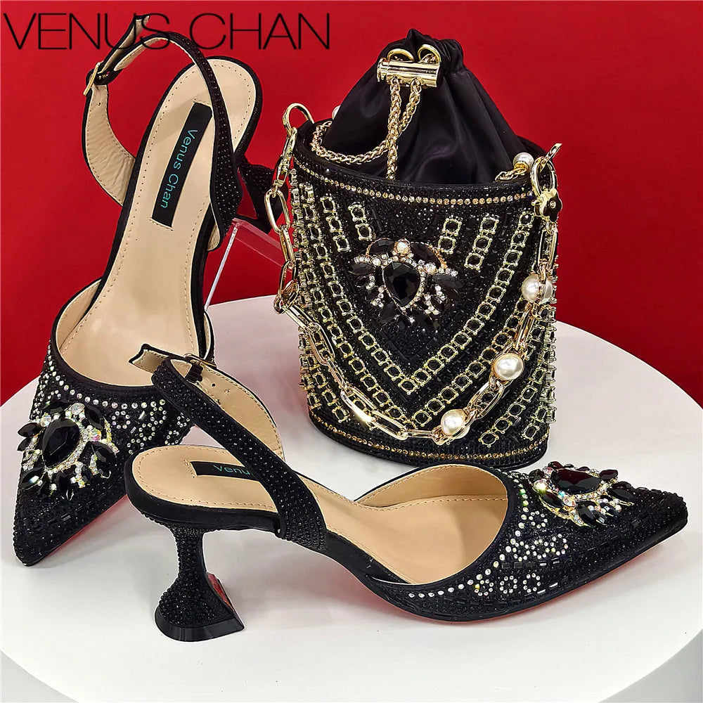 Maxy New Design Faux Champagne Texture Shoes and Bags Rhinestones Embellished Pointed Toe High Heels Fine Handbags