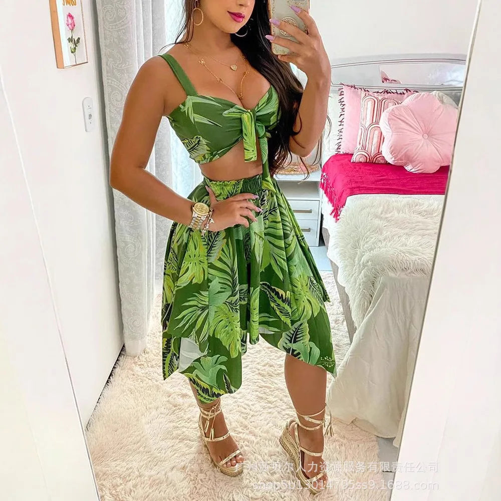Maxy Women Two-piece Set Floral Flower Print Tank Top & High Waist Mini Skirt Sexy Summer Clothes
