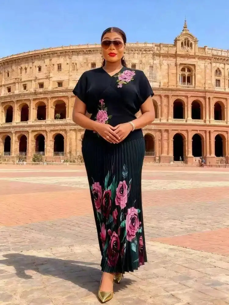 Amay Design Sense Fashionable Heavy Industry Printed Short Sleeve Waist Thin Organ Pleated Splicing Printed Dress 2AN5106