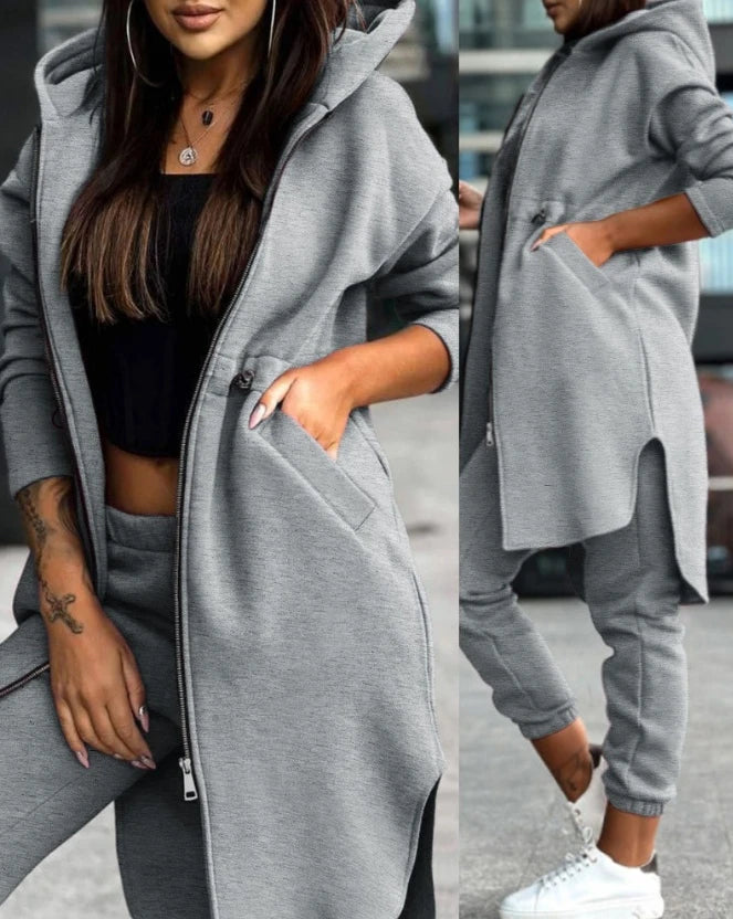 Maxy Women's Sweatpants Sets New Autumn/winter Fashion Zipper Design Longline Hooded Coat & Casual Cuffed Pants Two Piece Suit