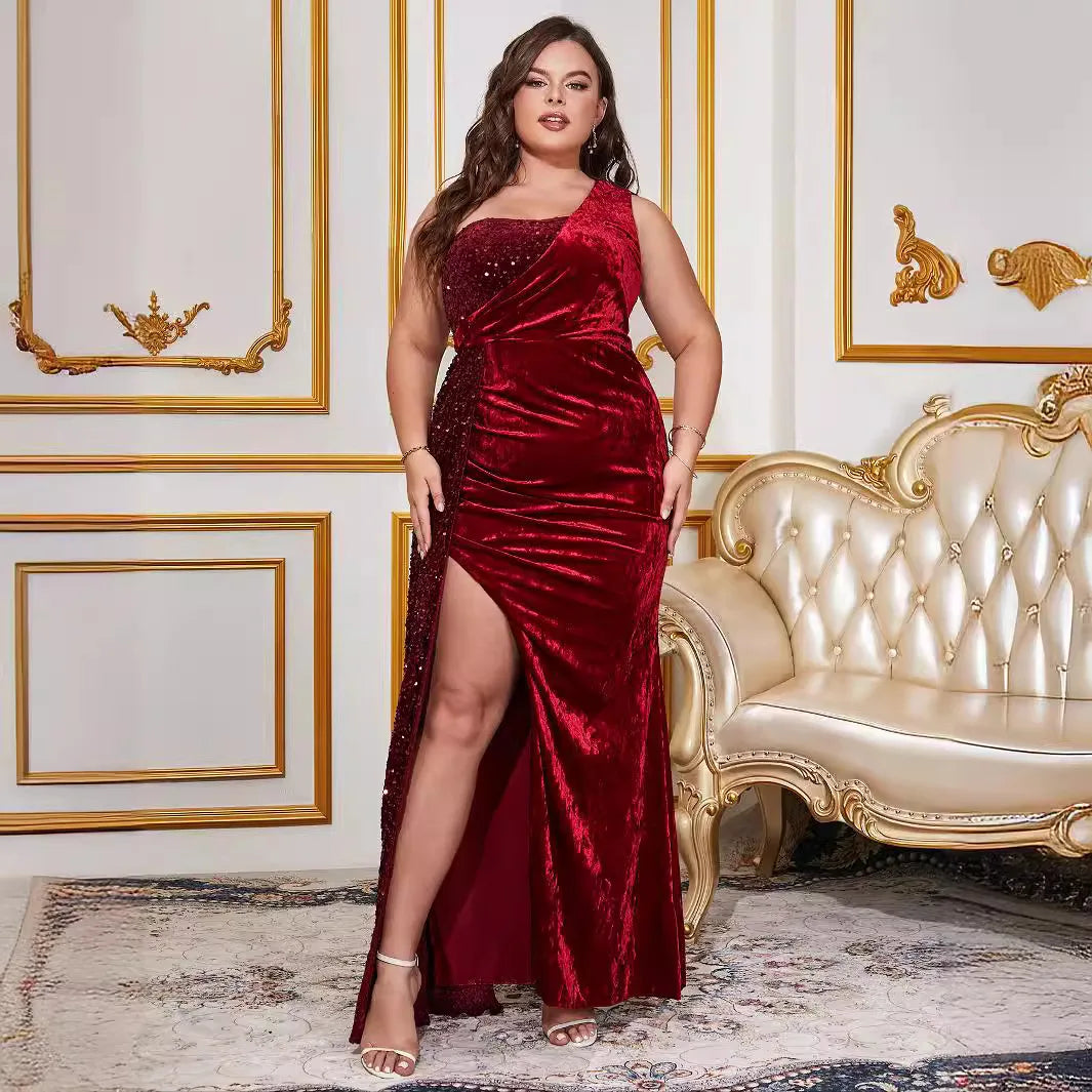 Maxy Plus Size Long Evening Dress Women Fashion Side Slit Red Sequins Splicing Dresses Slant Shoulder Sleeveless Elegant Party Gowns