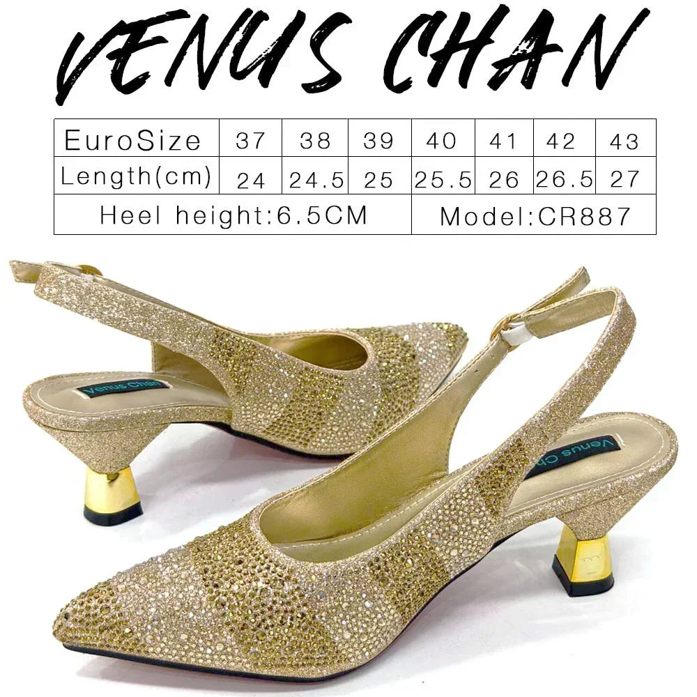 Venus Chan Italian Design Rhinestone-encrusted Ladies Party Shoes And Special Bag High Heels And Dual Purpose Bag Women's Shoes