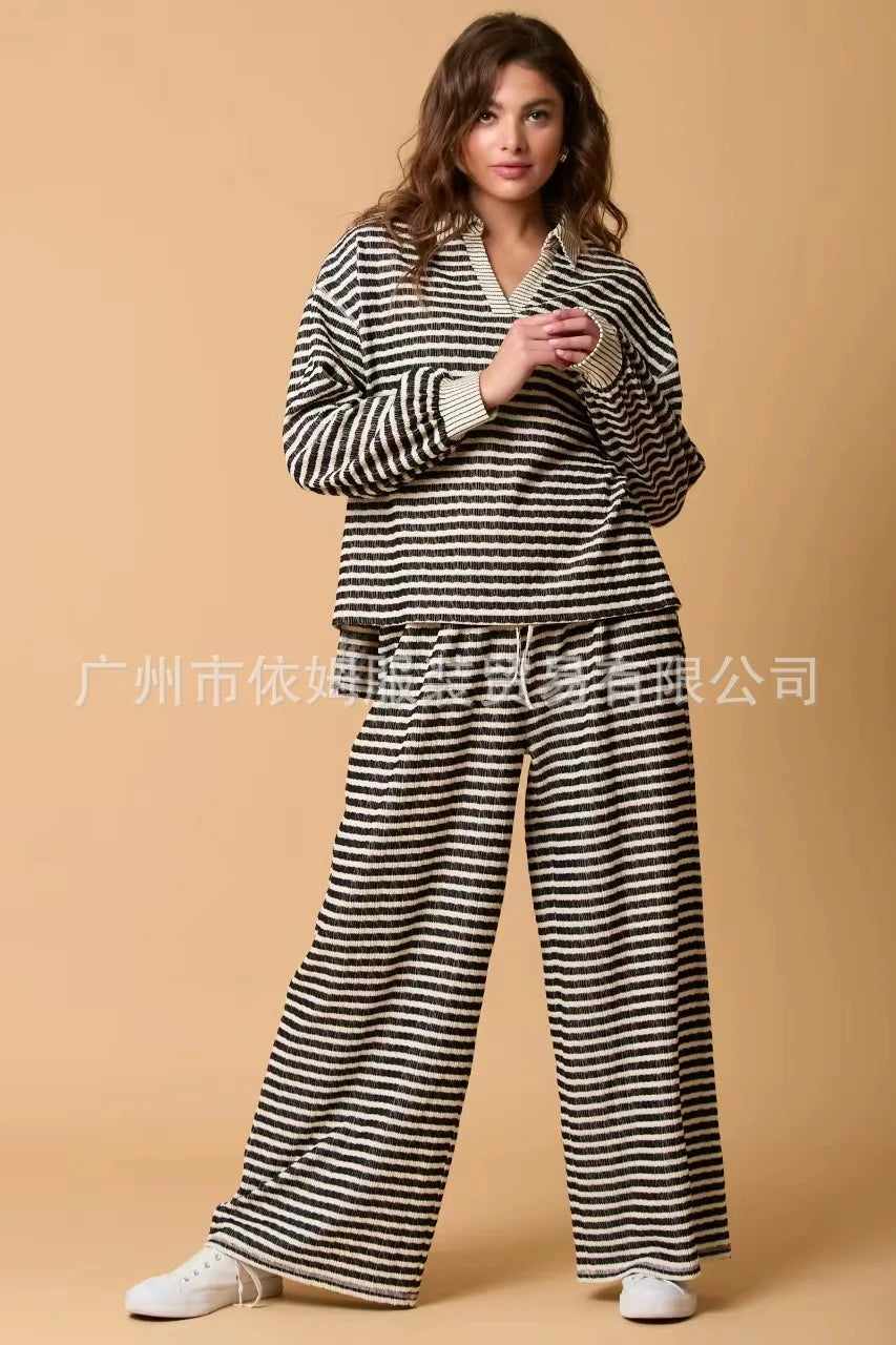 Zay Women's Autumn and Winter New Splicing Turn Down Collar Two-color Striped Long Sleeved Pants Two-piece Fashionable Casual Suit