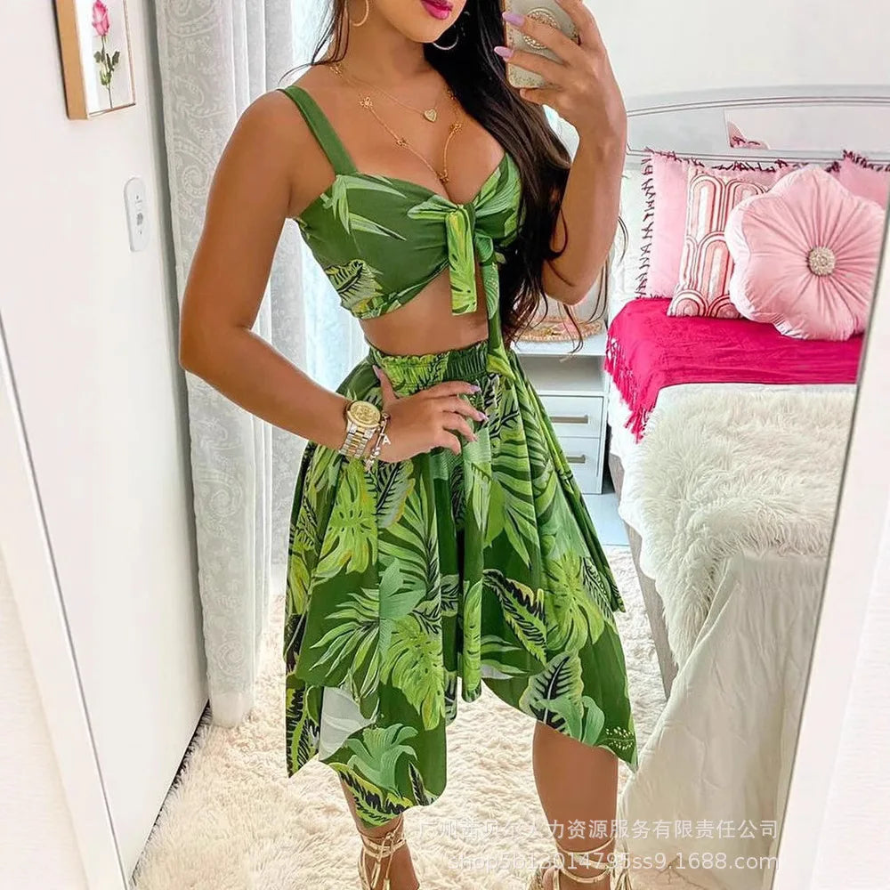 Maxy Women Two-piece Set Floral Flower Print Tank Top & High Waist Mini Skirt Sexy Summer Clothes